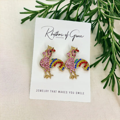 Rooster Earrings - Rooster Jewelry, Handmade Earrings, Handmade Jewelry, Animal Earrings, Animal Jewelry, Rhinestone Rooster, Rainbow