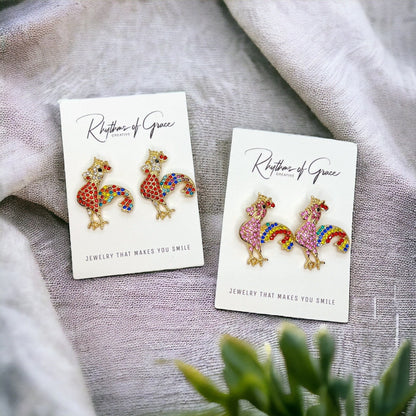 Rooster Earrings - Rooster Jewelry, Handmade Earrings, Handmade Jewelry, Animal Earrings, Animal Jewelry, Rhinestone Rooster, Rainbow