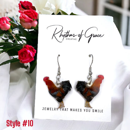 Rooster Earrings - Rooster Jewelry, Handmade Earrings, Handmade Jewelry, Animal Earrings, Animal Jewelry, Chicken Earrings, Chicken Mom