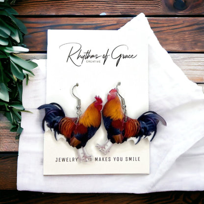 Rooster Earrings - Rooster Jewelry, Handmade Earrings, Handmade Jewelry, Animal Earrings, Animal Jewelry, Chicken Earrings, Chicken Mom