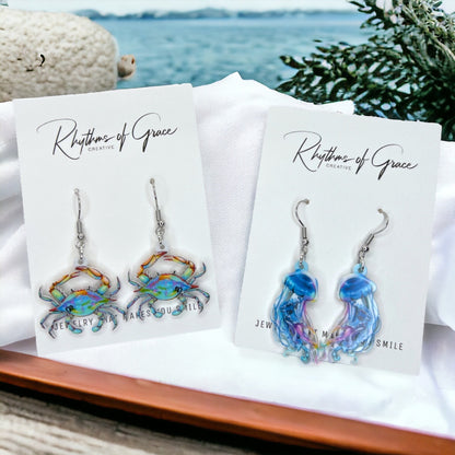 Seashore Earrings - Seashore Jewelry, Jellyfish Earrings, Crab Earrings, Handmade Earrings, Handmade Jewelry, Animal Earrings, Ocean Animal