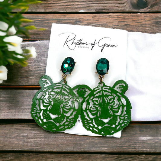 Tiger Earrings - Tiger Jewelry, Handmade Earrings, Handmade Jewelry, Animal Earrings, Tiger Football, Animal Jewelry, Green Earrings