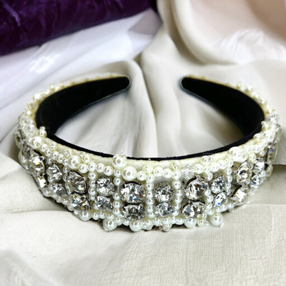 Beaded White Headband - Bridal Shower, Bridal Headpiece, Beaded Headband, Pearls and Rhinestones, Pearl Headband, Rhinestone Headband, Ivory - Rhythms of Grace Creative