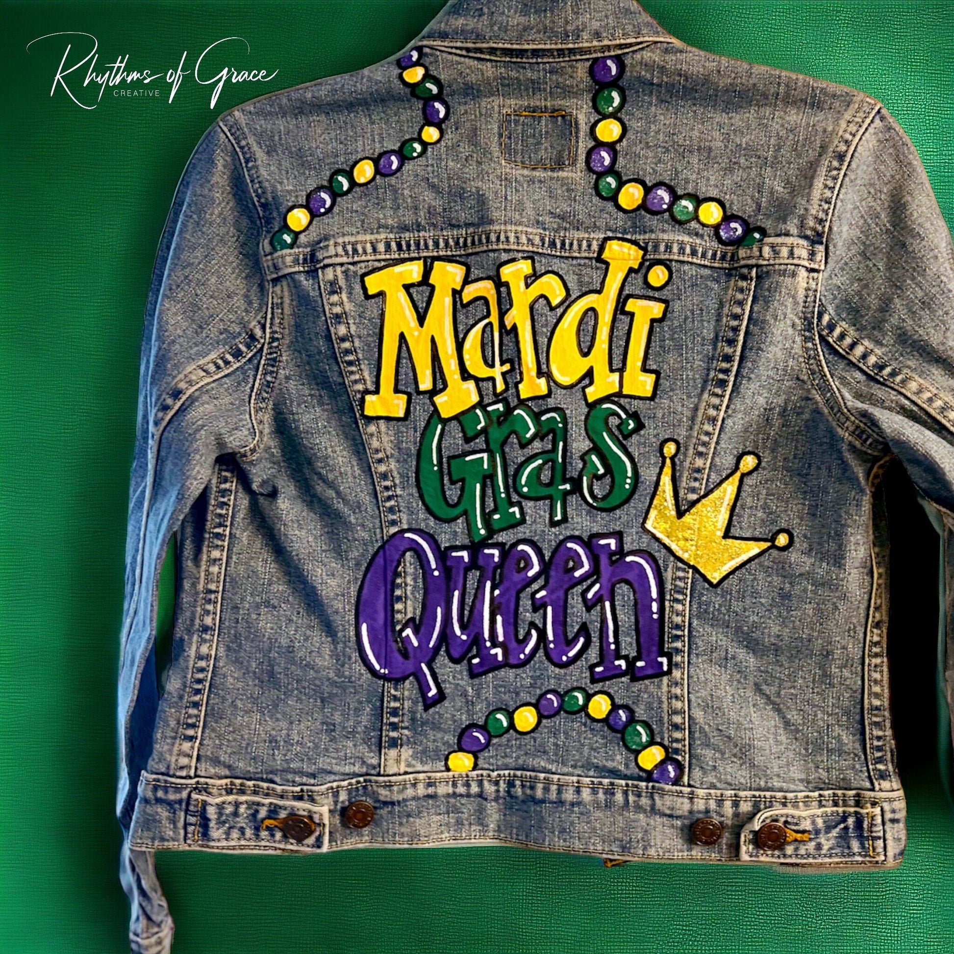 Hand Painted Mardi Gras Jean Jacket - Mardi Gras, Painted Jean Jacket, New Orleans, NOLA, Purple Green Gold, Mardi Gras, Parade Outfit