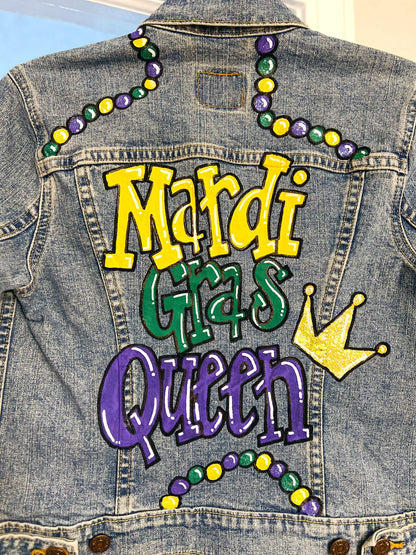 Hand Painted Mardi Gras Jean Jacket - Mardi Gras, Painted Jean Jacket, New Orleans, NOLA, Purple Green Gold, Mardi Gras, Parade Outfit