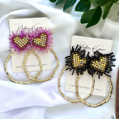 Heartfelt Glam: Pink, Black & Gold Beaded Heart Earrings for Love & Style! - Rhythms of Grace Creative