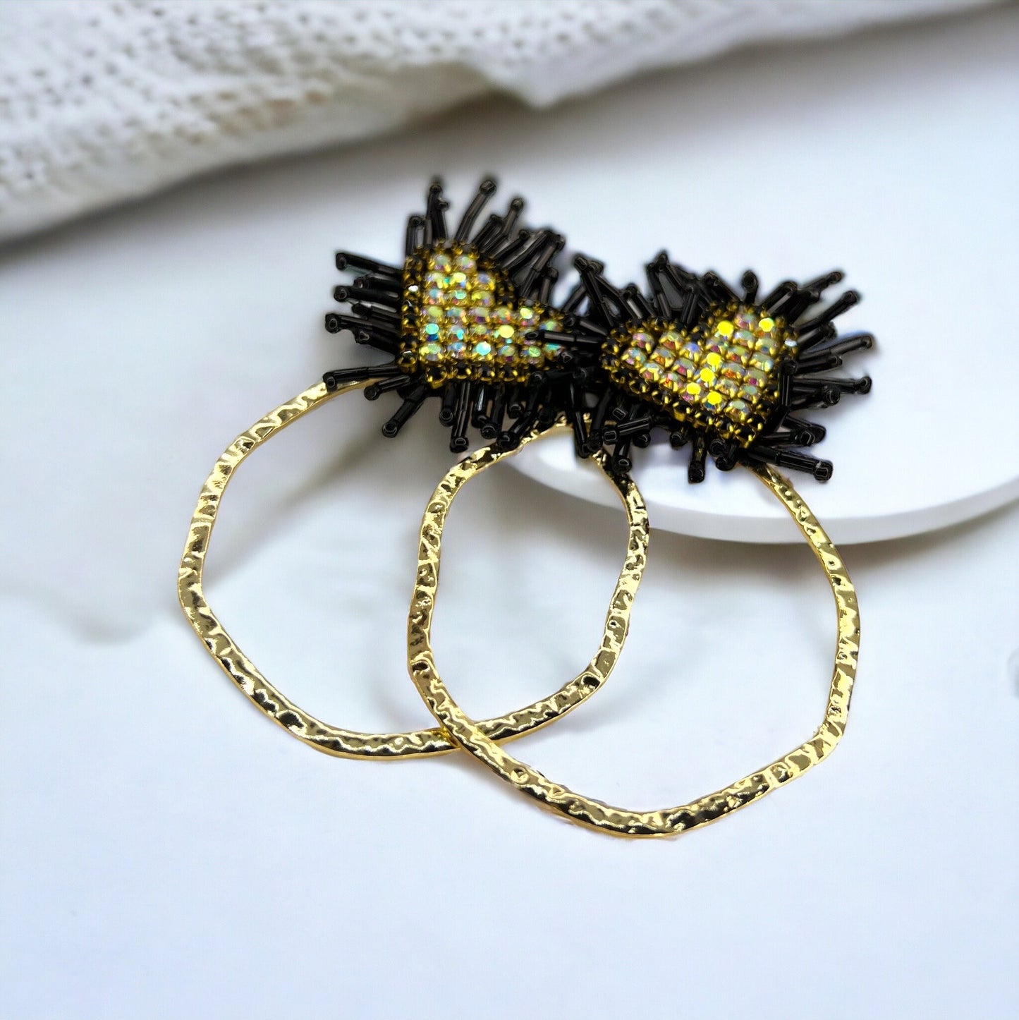 Heartfelt Glam: Pink, Black & Gold Beaded Heart Earrings for Love & Style! - Rhythms of Grace Creative