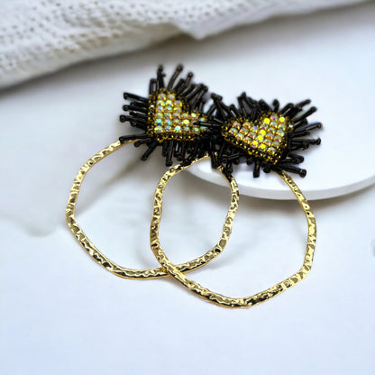 Heartfelt Glam: Pink, Black & Gold Beaded Heart Earrings for Love & Style! - Rhythms of Grace Creative