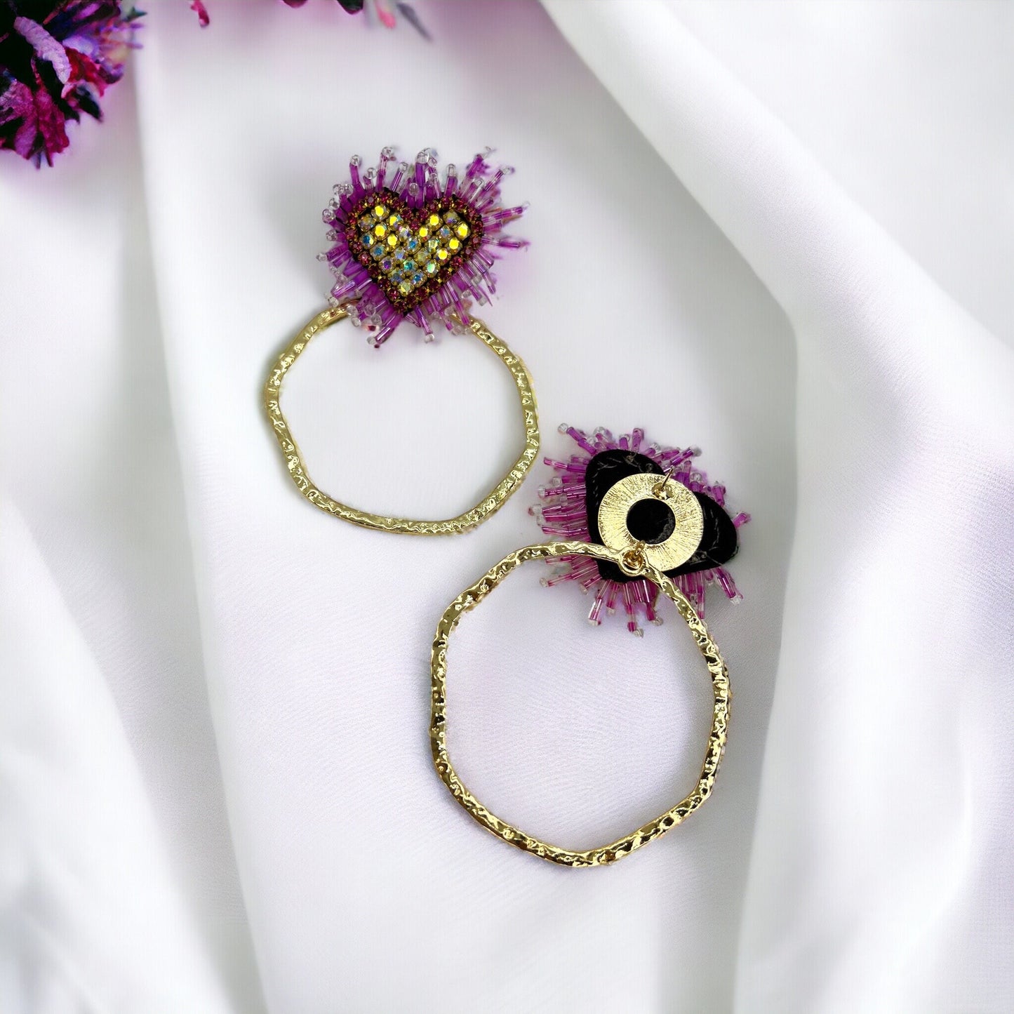 Heartfelt Glam: Pink, Black & Gold Beaded Heart Earrings for Love & Style! - Rhythms of Grace Creative