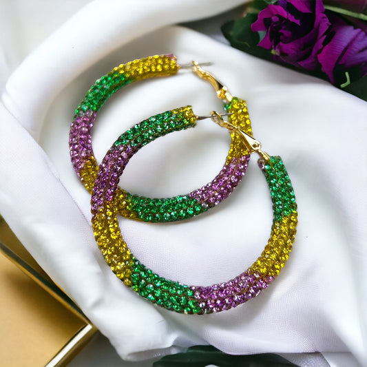 Mardi Gras Hoops - Mardi Gras Beads, New Orleans, Purple Green Gold, Mardi Gras Jewelry, Parade Outfit, Mardi Gras Earrings, Glitter Hoops - Rhythms of Grace Creative