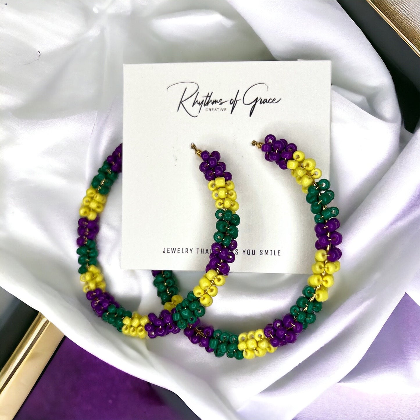 Mardi Gras Hoops - Mardi Gras Beads, New Orleans, Purple Green Gold, Mardi Gras Jewelry, Parade Outfit, Mardi Gras Earrings, Glitter Hoops - Rhythms of Grace Creative