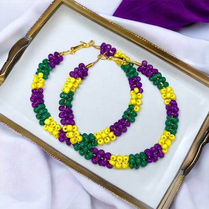 Mardi Gras Hoops - Mardi Gras Beads, New Orleans, Purple Green Gold, Mardi Gras Jewelry, Parade Outfit, Mardi Gras Earrings, Glitter Hoops - Rhythms of Grace Creative