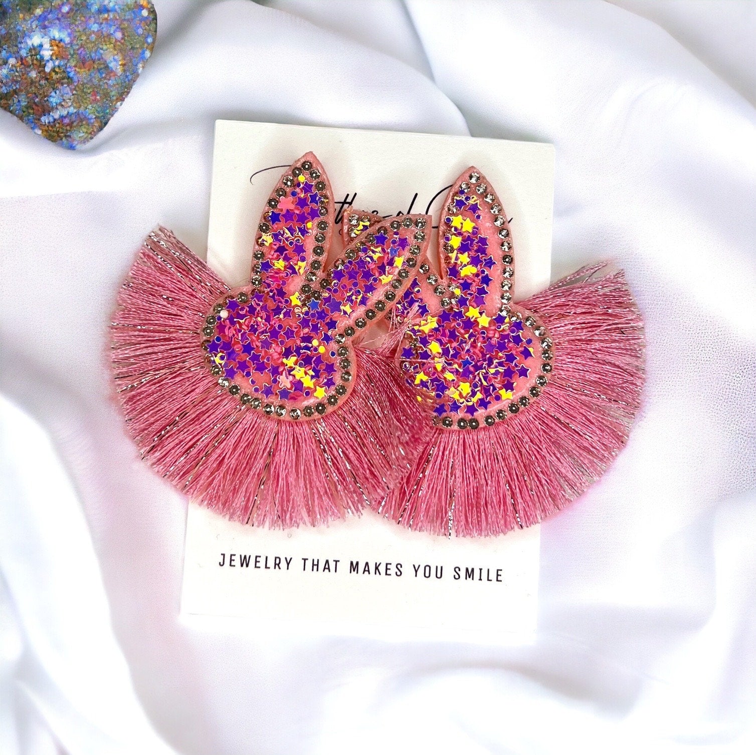 Sparkle & Hop: Pink Glitter Tassel Bunny Earrings for a Dazzling Easter! - Rhythms of Grace Creative