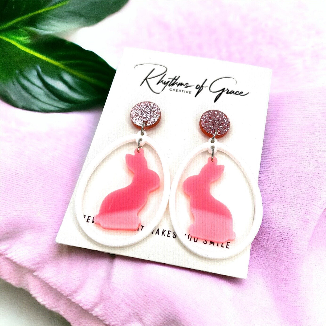 Pink Bunny Easter Earrings | Spring Accessory | Easter Bunny, Egg & Glitter Stud Earrings | Cute Easter Gift | Handmade Jewelry - Rhythms of Grace Creative