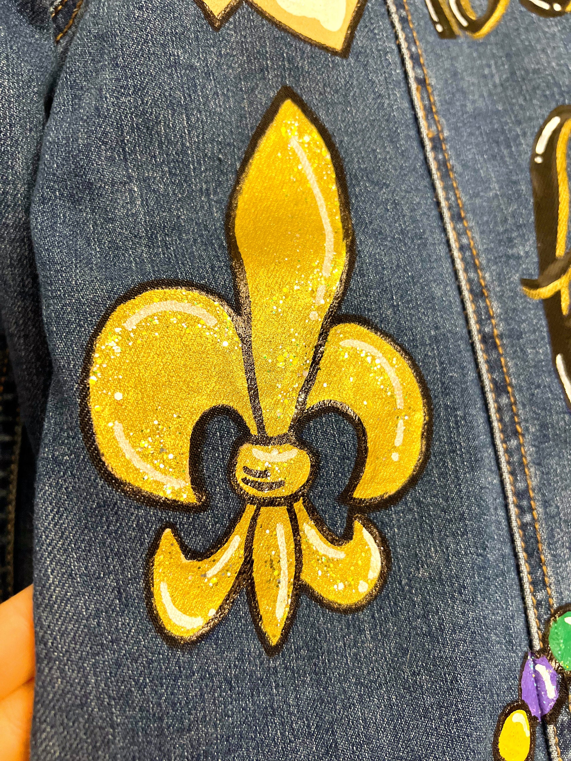 Mardi Gras Jean Hand Painted Jacket, Mardi Gras, Painted Jean Jacket, New Orleans, Bayou Boujee, Purple Green Gold, Parade Outfit, Cajun