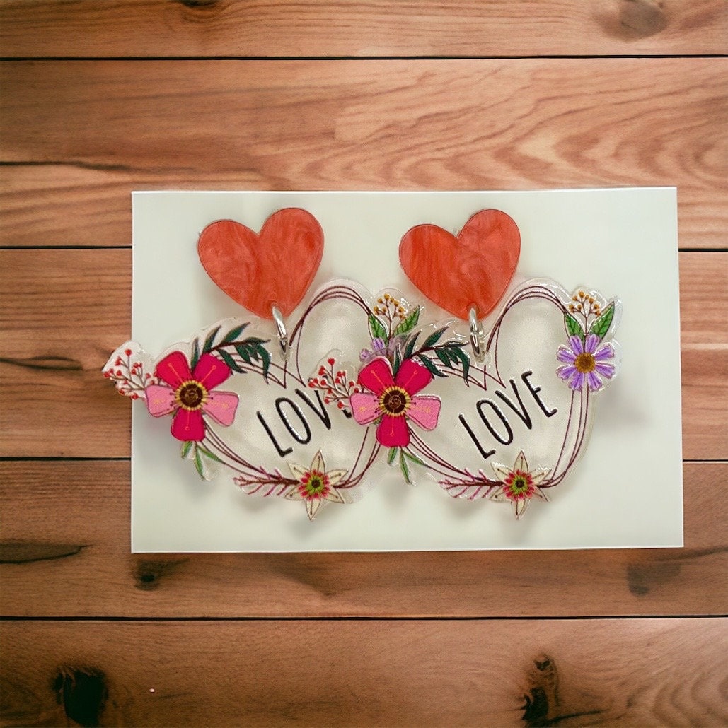 Floral Love Affair – Whimsical Heart Earrings with Flowers & Script - Rhythms of Grace Creative