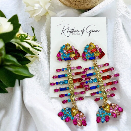 Rhinestone Fish Earrings - Fishbone Earrings, Fishbone Jewelry, Fish Jewelry, Rainbow Earrings, Rainbow Accessories, Fishbones, Rhinestones