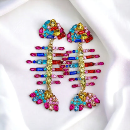 Rhinestone Fish Earrings - Fishbone Earrings, Fishbone Jewelry, Fish Jewelry, Rainbow Earrings, Rainbow Accessories, Fishbones, Rhinestones