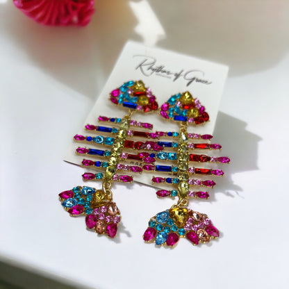 Rhinestone Fish Earrings - Fishbone Earrings, Fishbone Jewelry, Fish Jewelry, Rainbow Earrings, Rainbow Accessories, Fishbones, Rhinestones