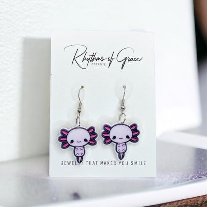 Axolotl Earrings - Axolotl Jewelry, Handmade Earrings, Handmade Jewelry, Animal Earrings, Animal Jewelry, Ocean Animals, Pink Axolotl, Sweet