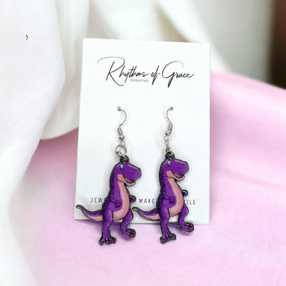 Dinosaur Earrings - Dinosaur Jewelry, Purple Dinosaur, Handmade Earrings, Handmade Jewelry, Animal Earrings, Animal Jewelry, Dino Earrings