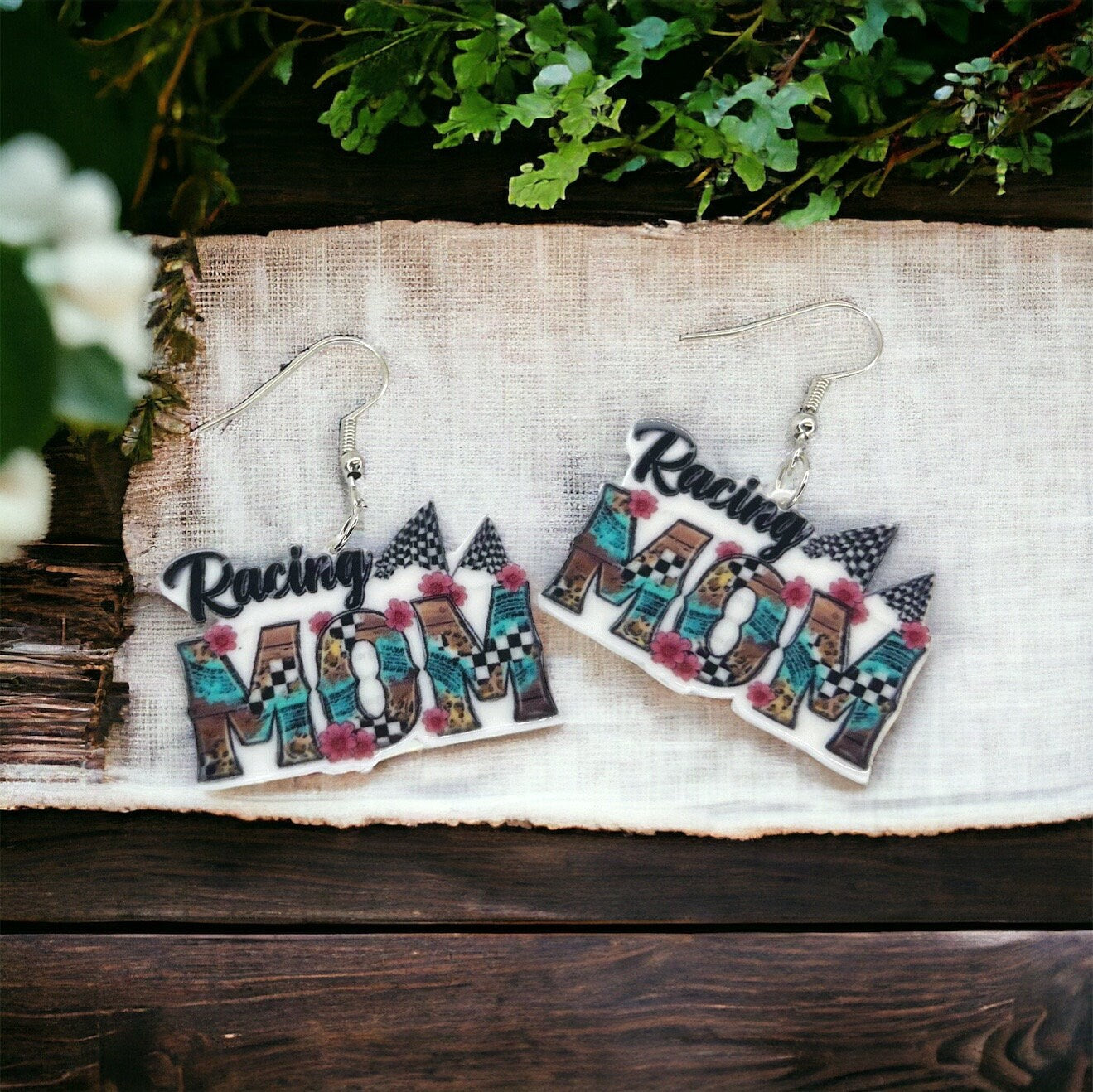 Racing Mom Earrings - Handmade Earrings, Baby Shower, Mother’s Day, Mom Earrings, Momma Earrings, #MomLife, Racing Car, Race Car Driver