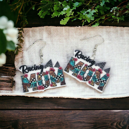 Racing Mom Earrings - Handmade Earrings, Baby Shower, Mother’s Day, Mom Earrings, Momma Earrings, #MomLife, Racing Car, Race Car Driver