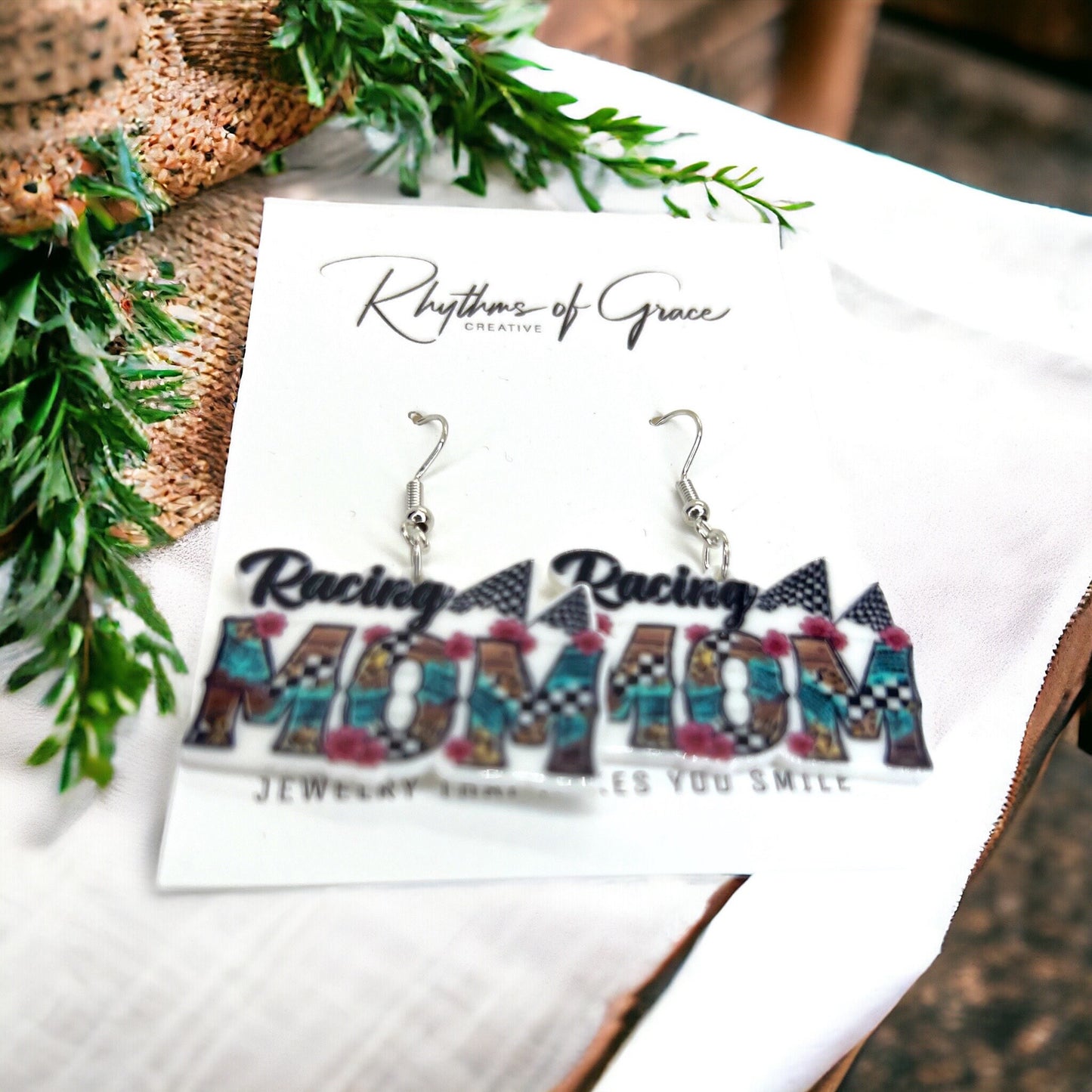 Racing Mom Earrings - Handmade Earrings, Baby Shower, Mother’s Day, Mom Earrings, Momma Earrings, #MomLife, Racing Car, Race Car Driver