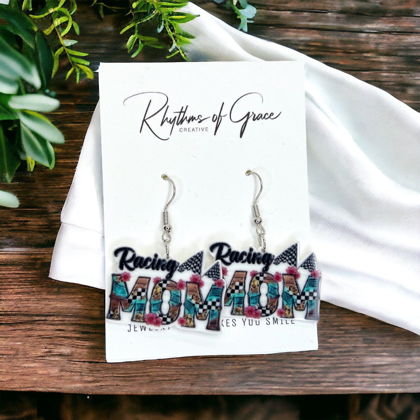 Racing Mom Earrings - Handmade Earrings, Baby Shower, Mother’s Day, Mom Earrings, Momma Earrings, #MomLife, Racing Car, Race Car Driver