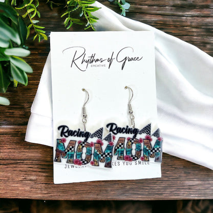 Racing Mom Earrings - Handmade Earrings, Baby Shower, Mother’s Day, Mom Earrings, Momma Earrings, #MomLife, Racing Car, Race Car Driver
