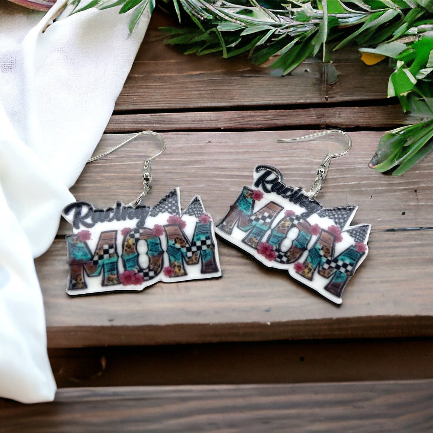 Racing Mom Earrings - Handmade Earrings, Baby Shower, Mother’s Day, Mom Earrings, Momma Earrings, #MomLife, Racing Car, Race Car Driver