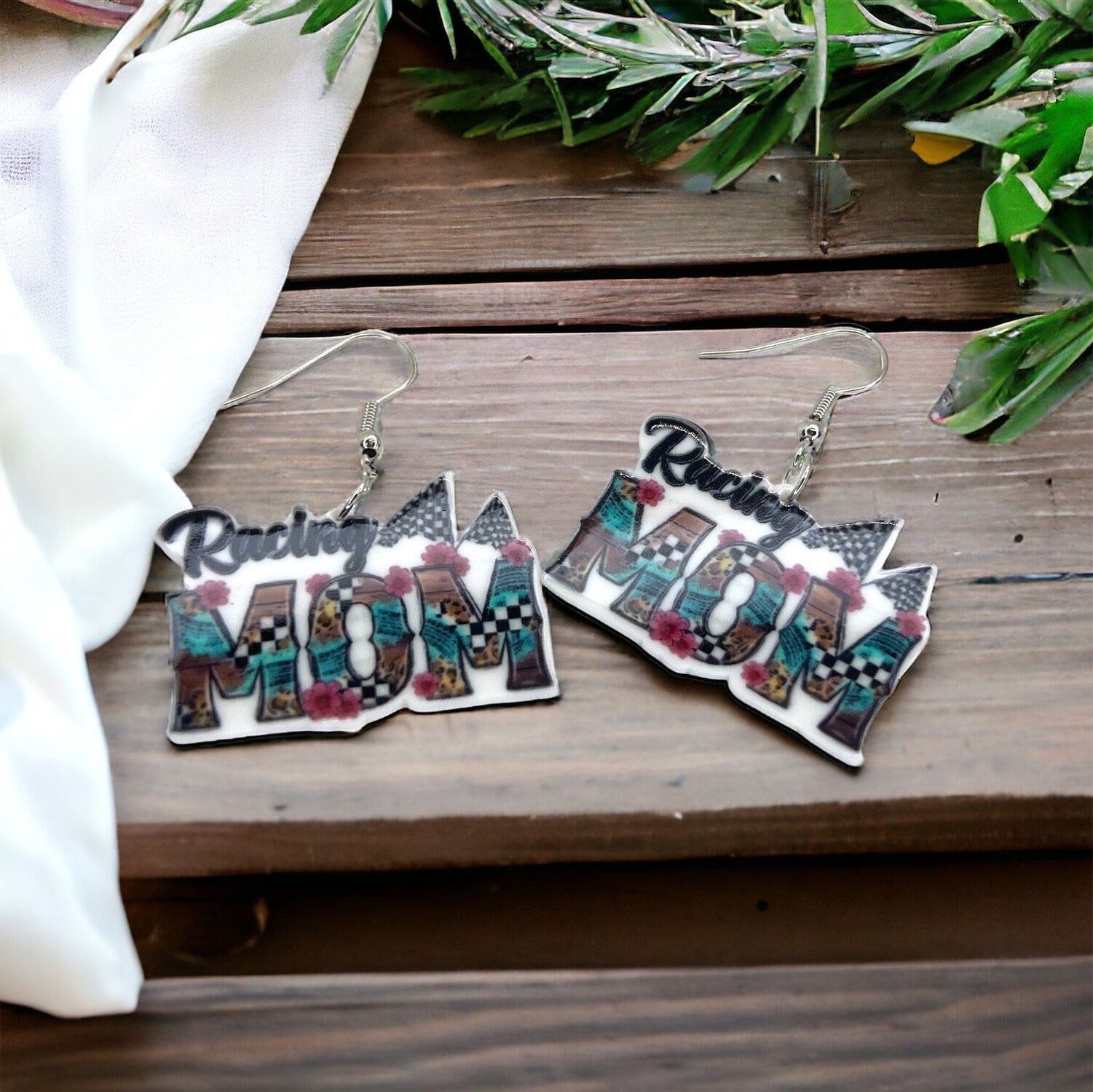 Racing Mom Earrings - Handmade Earrings, Baby Shower, Mother’s Day, Mom Earrings, Momma Earrings, #MomLife, Racing Car, Race Car Driver