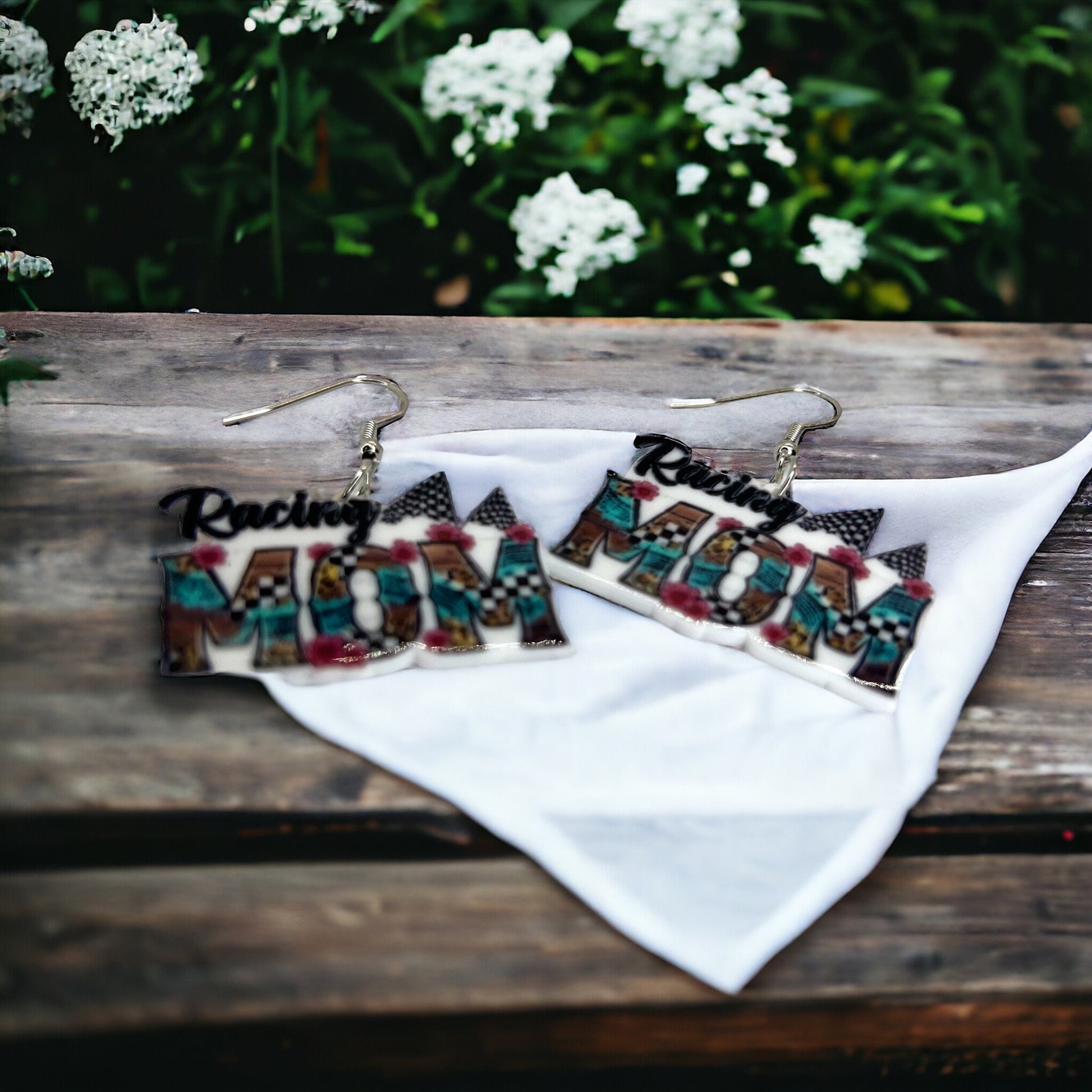 Racing Mom Earrings - Handmade Earrings, Baby Shower, Mother’s Day, Mom Earrings, Momma Earrings, #MomLife, Racing Car, Race Car Driver