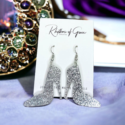 High Heel Earrings, High Heel Jewelry, Dangle Earrings, Handmade Earrings, Stilleto Earrings, Glass Slipper, Silver Shoe, Shoe Earrings