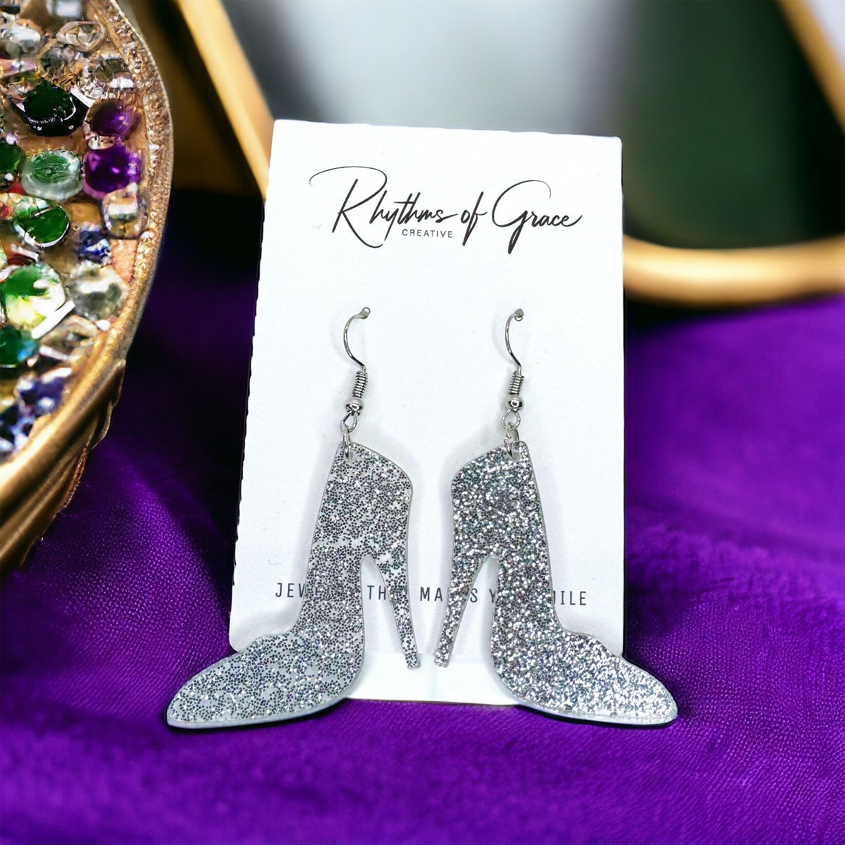 High Heel Earrings, High Heel Jewelry, Dangle Earrings, Handmade Earrings, Stilleto Earrings, Glass Slipper, Silver Shoe, Shoe Earrings