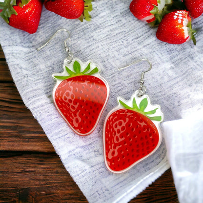 Strawberry Earrings - Strawberry Jewelry, Dangle Earrings, Fruit Earrings, Plant Lady, Handmade Earrings, Strawberry Festival, Strawberries