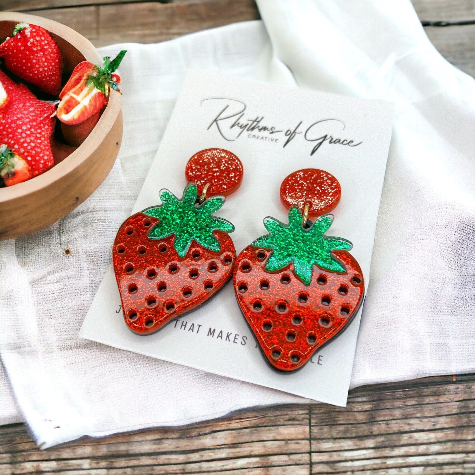 Strawberry Earrings - Strawberry Jewelry, Dangle Earrings, Fruit Earrings, Plant Lady, Handmade Earrings, Strawberry Festival, Strawberries