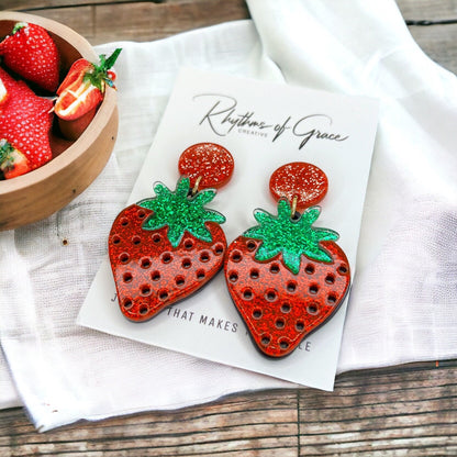 Strawberry Earrings - Strawberry Jewelry, Dangle Earrings, Fruit Earrings, Plant Lady, Handmade Earrings, Strawberry Festival, Strawberries