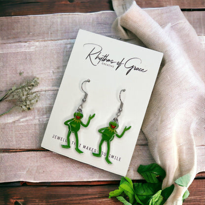 Kermit Earrings - Frog Earrings, Frog Prince, Frog Jewelry, Frog Accessories, Tadpole, Over the Rainbow, Amphibian, Toad Earrings - Rhythms of Grace Creative