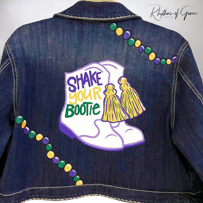 Hand Painted Mardi Gras Jean Jacket - Mardi Gras, Painted Jean Jacket, New Orleans, NOLA, Purple Green Gold, Mardi Gras, Parade Outfit - Rhythms of Grace Creative