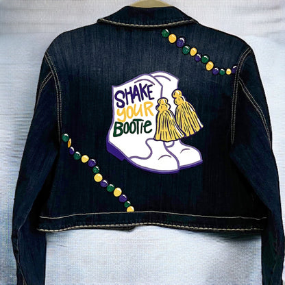 Hand Painted Mardi Gras Jean Jacket - Mardi Gras, Painted Jean Jacket, New Orleans, NOLA, Purple Green Gold, Mardi Gras, Parade Outfit - Rhythms of Grace Creative
