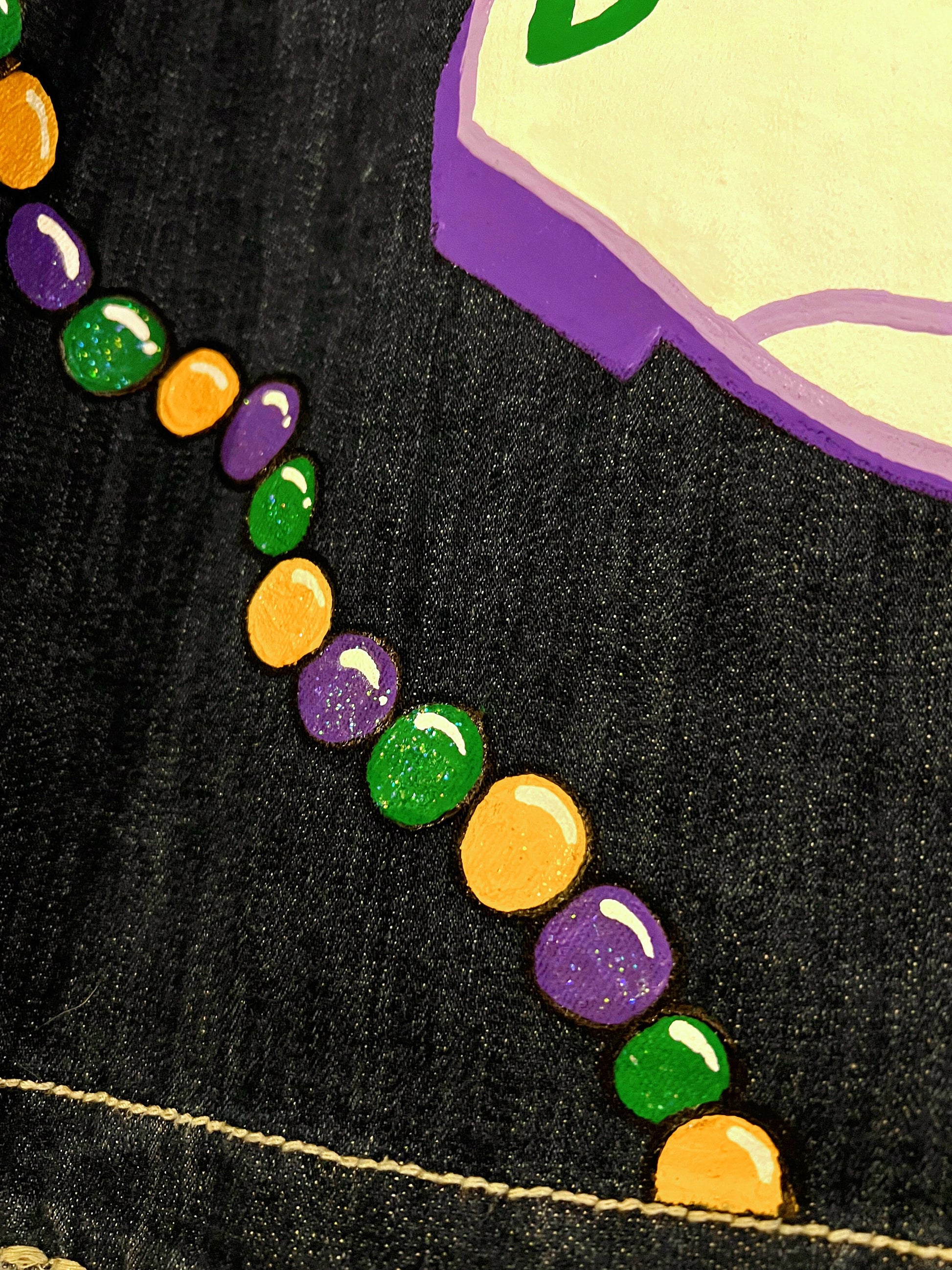 Hand Painted Mardi Gras Jean Jacket - Mardi Gras, Painted Jean Jacket, New Orleans, NOLA, Purple Green Gold, Mardi Gras, Parade Outfit - Rhythms of Grace Creative