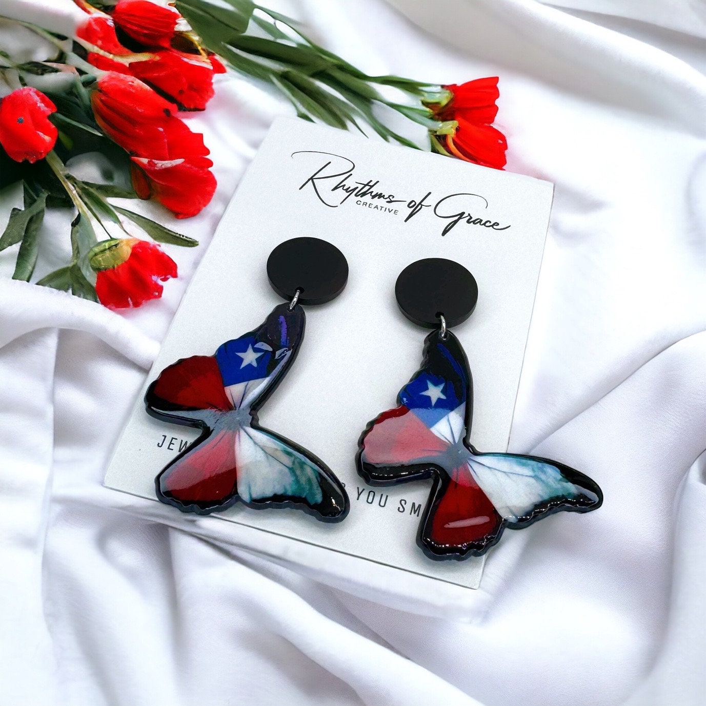 Butterfly Earrings - Handmade Earrings, Butterfly Jewelry, Butterfly Accessories, Texas Flag, Easter, American Flag, Red White and Blue