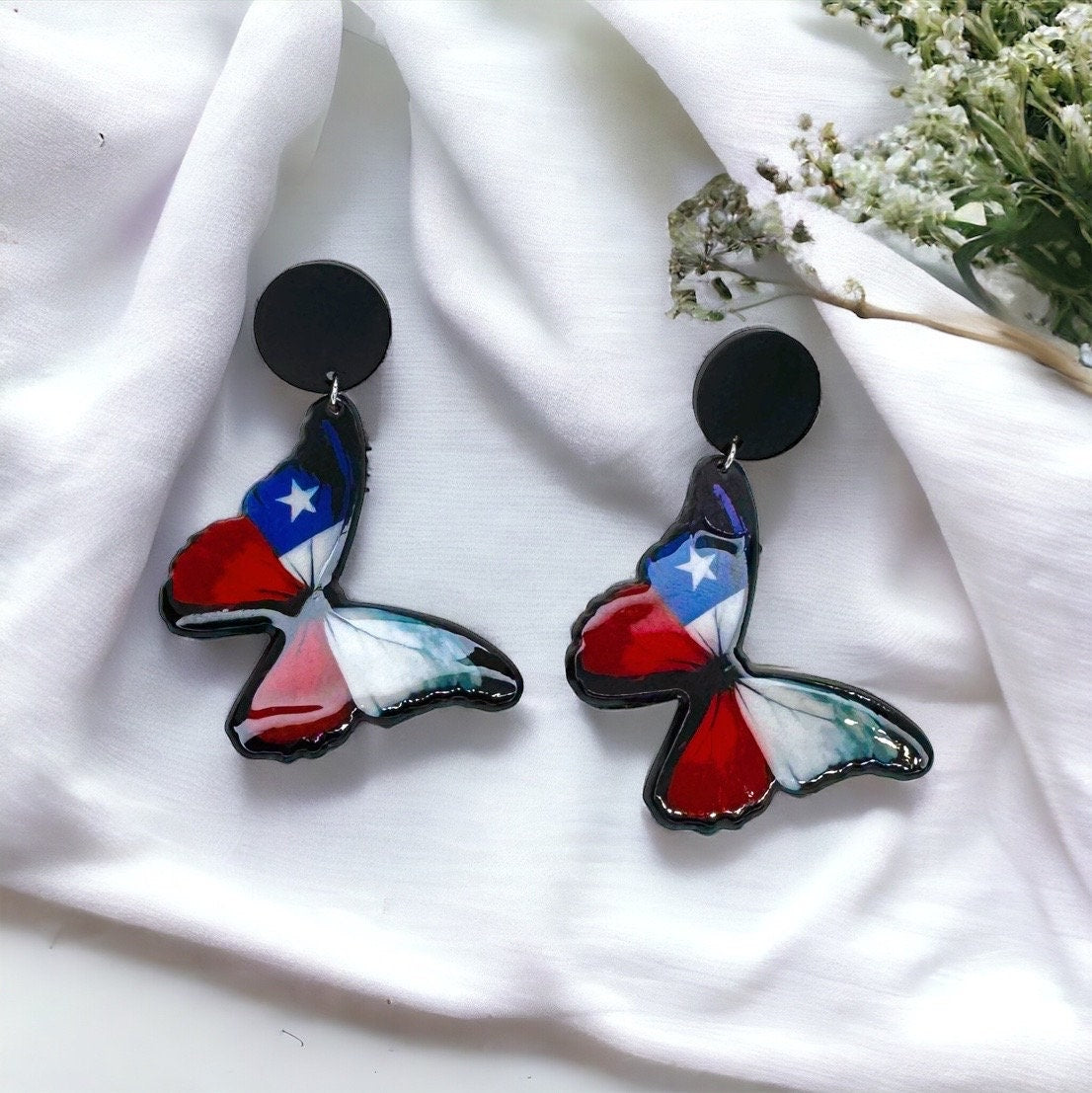 Butterfly Earrings - Handmade Earrings, Butterfly Jewelry, Butterfly Accessories, Texas Flag, Easter, American Flag, Red White and Blue