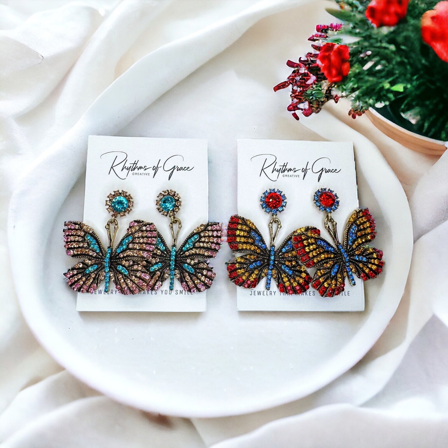 Butterfly Earrings - Easter Earrings, Rhinestone Butterfly, Butterfly Jewelry, Butterfly Accessories, Easter Accessories, Monarch Butterfly