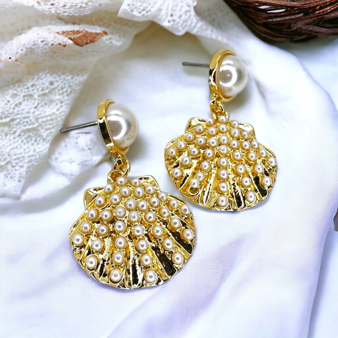 Seashell Earrings - Seashell Jewelry, Beaded Earrings, Handmade Earrings, Handmade Jewelry, Shell Earrings, Shell Jewelry, Seashore Decor