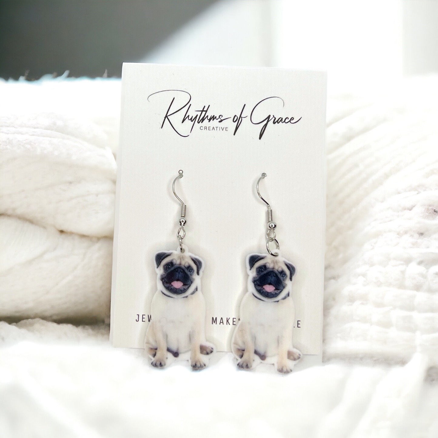 Pug Earrings - Pug Dog, Dog Earrings, Dog Jewelry, Dog Mom, French Bull Pug, Handmade Earrings, Furbaby, Pug Puppy, Cute Pug, French Bulldog
