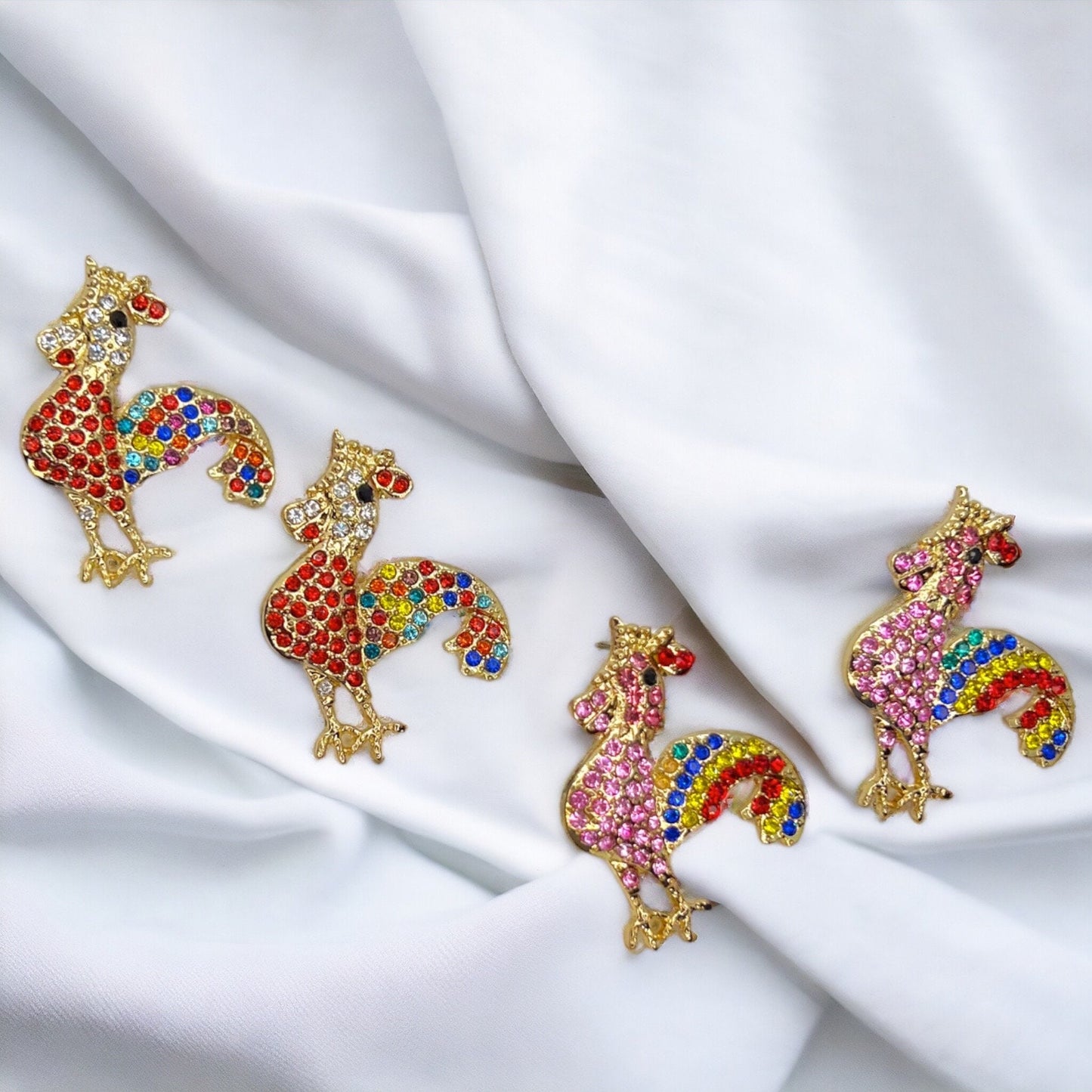 Rooster Earrings - Rooster Jewelry, Handmade Earrings, Handmade Jewelry, Animal Earrings, Animal Jewelry, Rhinestone Rooster, Rainbow