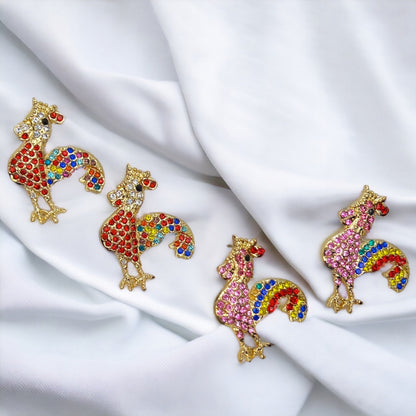Rooster Earrings - Rooster Jewelry, Handmade Earrings, Handmade Jewelry, Animal Earrings, Animal Jewelry, Rhinestone Rooster, Rainbow