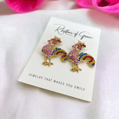 Rooster Earrings - Rooster Jewelry, Handmade Earrings, Handmade Jewelry, Animal Earrings, Animal Jewelry, Rhinestone Rooster, Rainbow